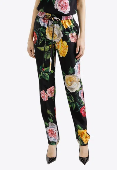 Dolce & Gabbana Floral Print Drawstring Silk Pants In Multicolor
