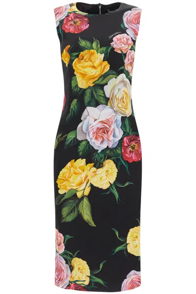 Dolce & Gabbana Peony Rose Print Sleeveless Charmeuse Midi Dress In Multi