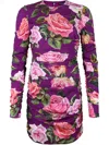 Dolce & Gabbana Charmeuse Midi Sheath Dress With Draping And Rose Print In Purple