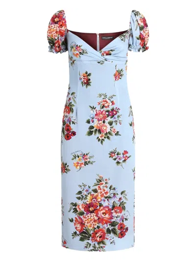 Dolce & Gabbana Floral Print Dress With Straight-fit Skirt And Elasticized Sleeves - Size 40 In Blue