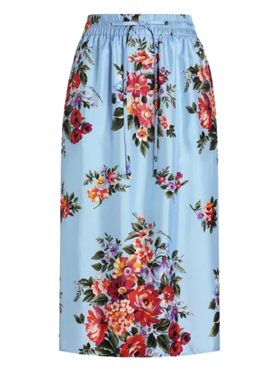 Dolce & Gabbana Silk Twill Skirt Floral Midi Length In Blue