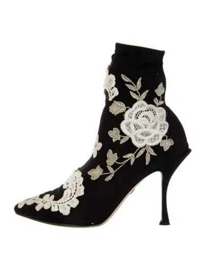 Pre-owned Dolce & Gabbana Floral Print Embroidered Accent Sock Boots In Black