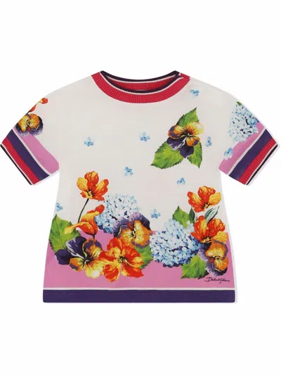 Dolce & Gabbana Babies' Floral-print Fine Knit T-shirt In White