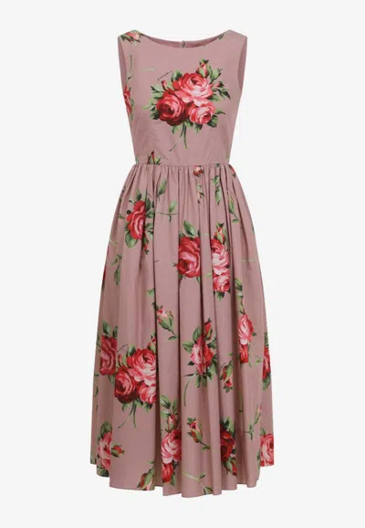Dolce & Gabbana Cotton Sleeveless Boat Neck Floral Print Midi Dress In Animal Print