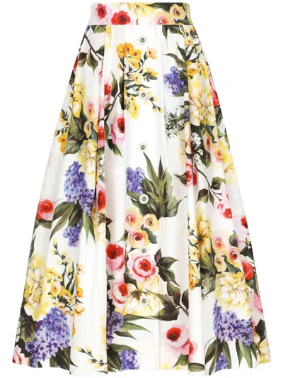 Dolce & Gabbana Floral Print Full Skirt With Nacre Buttons For Women In White