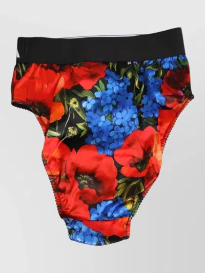 Dolce & Gabbana Floral Print High Waist Silk Briefs In Red