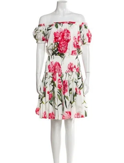 Pre-owned Dolce & Gabbana Floral Print Knee-length Dress W/ Tags In White