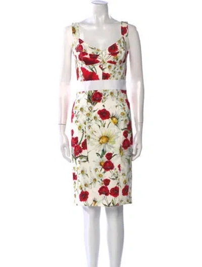 Pre-owned Dolce & Gabbana Floral Print Knee-length Dress In White