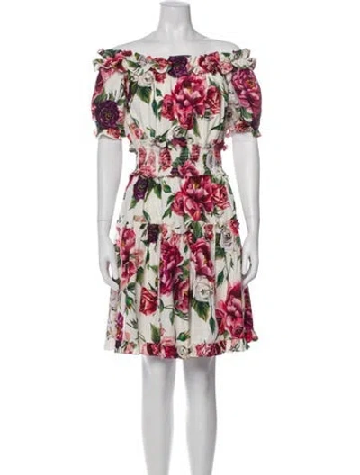 Pre-owned Dolce & Gabbana Floral Print Knee-length Dress In White