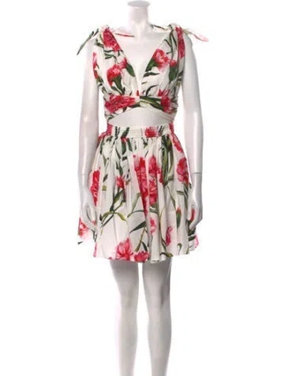 Pre-owned Dolce & Gabbana Floral Print Knee-length Dress In White