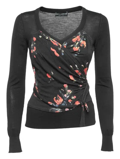 Pre-owned Dolce & Gabbana Floral-print Knot-detail Jumper In Black