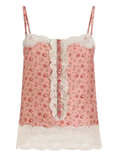 Dolce & Gabbana Floral-print Lace-trim Top In Brown