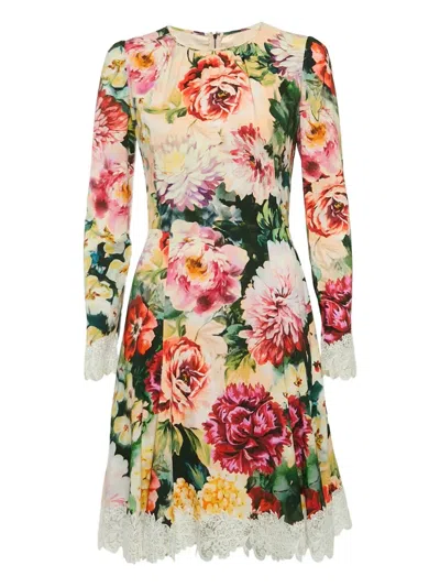 Pre-owned Dolce & Gabbana Floral-print Lace-trimmed Dress In Pink