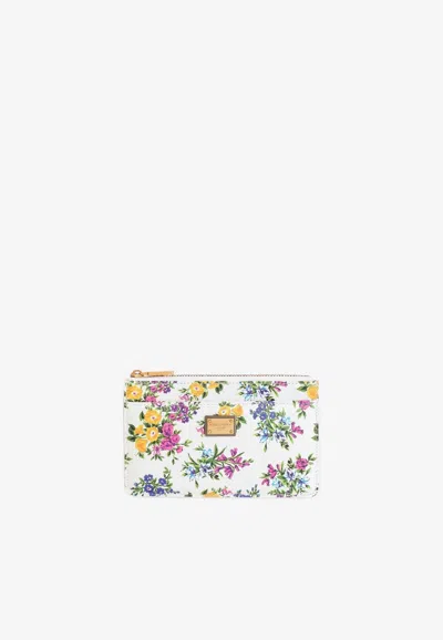 Dolce & Gabbana Floral Print Logo Plaque Zip Cardholder In Multi