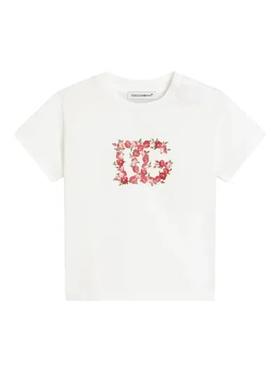 Dolce & Gabbana Babies' Floral-print Logo T-shirt In White