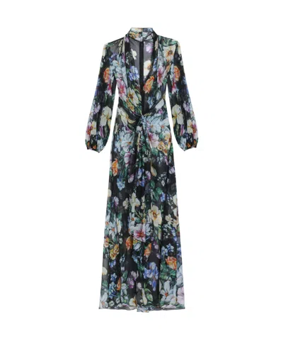 Dolce & Gabbana Long Black Silk Dress With Floral Pattern