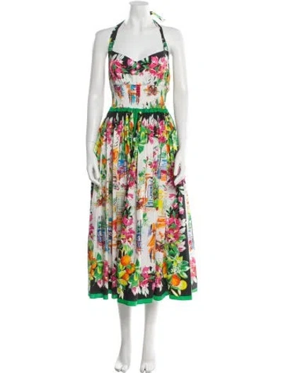 Pre-owned Dolce & Gabbana Floral Print Long Dress In Green