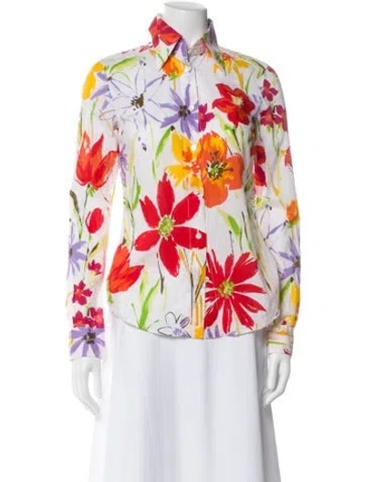 Pre-owned Dolce & Gabbana Floral Print Long Sleeve Blouse In White