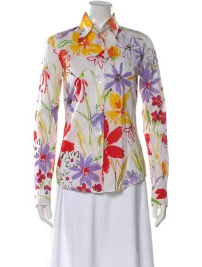 Pre-owned Dolce & Gabbana Floral Print Long Sleeve Button-up Top In White