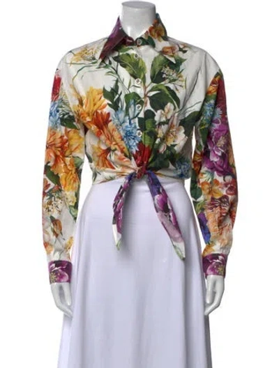Pre-owned Dolce & Gabbana Floral Print Long Sleeve Button-up Top In White