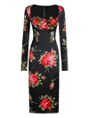 Dolce & Gabbana Rose-print Satin Long-sleeve Midi Dress In Black