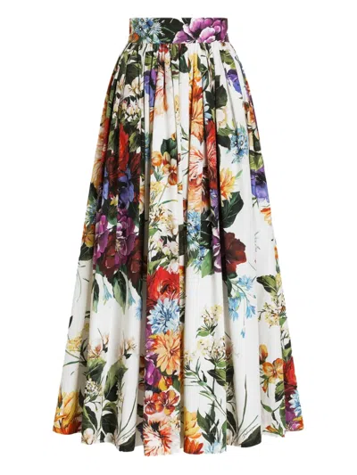Dolce & Gabbana White Cotton Bouquet Flower Print Long Skirt In Multi