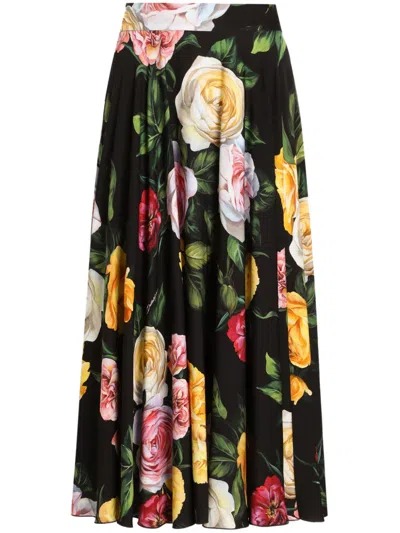 DOLCE & GABBANA FLORAL-PRINT CHARMEUSE MIDI SKIRT