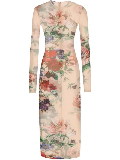 Dolce & Gabbana Floral-print Midi Dress In Nude