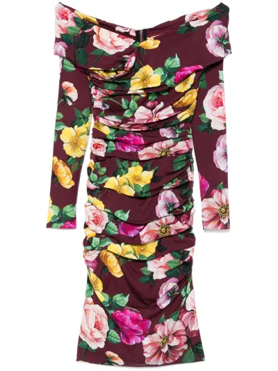 Pre-owned Dolce & Gabbana Floral-print Midi Dress In Red