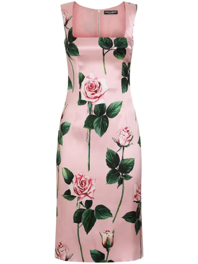 Dolce & Gabbana Pink Rose Print Satin Sheath Dress