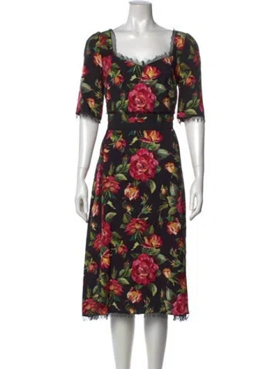 Pre-owned Dolce & Gabbana Floral Print Midi Length Dress In Black