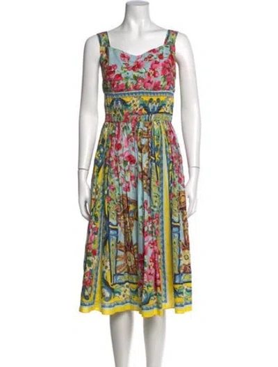 Pre-owned Dolce & Gabbana Floral Print Midi Length Dress In Blue