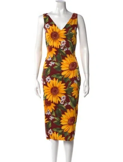 Pre-owned Dolce & Gabbana Floral Print Midi Length Dress In Burgundy
