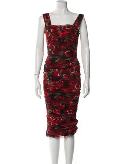 Pre-owned Dolce & Gabbana Floral Print Midi Length Dress In Red