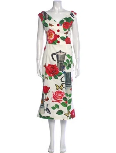 Pre-owned Dolce & Gabbana Floral Print Midi Length Dress W/ Tags In White