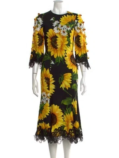 Pre-owned Dolce & Gabbana Floral Print Midi Length Dress W/ Tags In Yellow