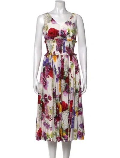 Pre-owned Dolce & Gabbana Floral Print Midi Length Dress In White
