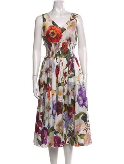 Pre-owned Dolce & Gabbana Floral Print Midi Length Dress In White