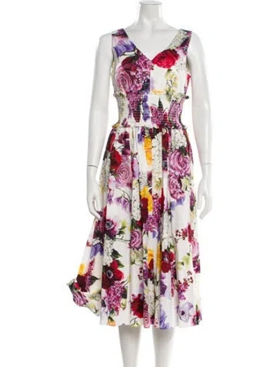 Pre-owned Dolce & Gabbana Floral Print Midi Length Dress In White