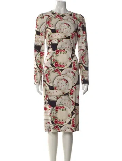 Pre-owned Dolce & Gabbana Floral Print Midi Length Dress In White