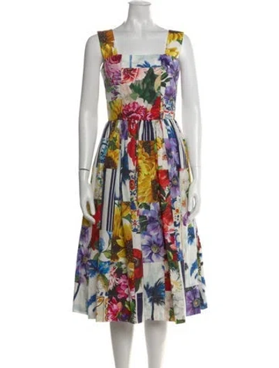 Pre-owned Dolce & Gabbana Floral Print Midi Length Dress In White