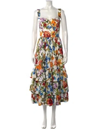 Pre-owned Dolce & Gabbana Floral Print Midi Length Dress In White