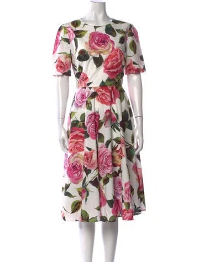 Pre-owned Dolce & Gabbana Floral Print Midi Length Dress In White