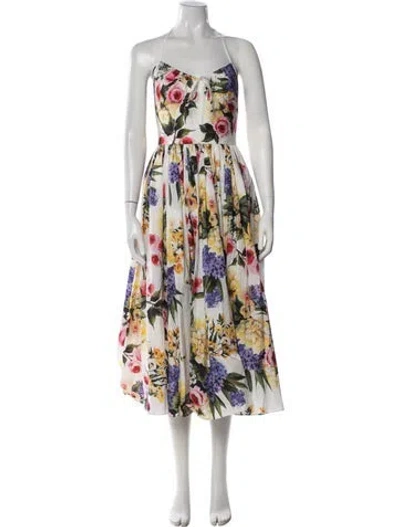Pre-owned Dolce & Gabbana Floral Print Midi Length Dress In White