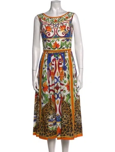 Pre-owned Dolce & Gabbana Floral Print Midi Length Dress In White