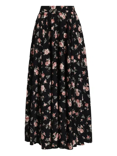 Dolce & Gabbana Vintage Rose Printed Charmeuse Long Full Skirt In Black