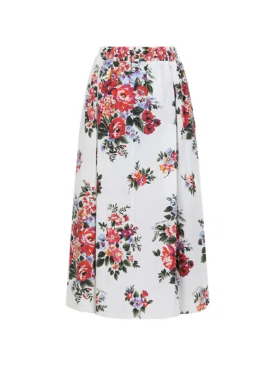 Dolce & Gabbana White Long Skirt With Floral Print And Elasticated Waistband In Cotton Woman