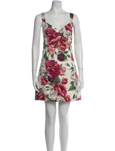 Pre-owned Dolce & Gabbana Floral Print Mini Dress In White