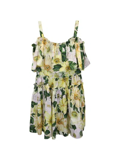Pre-owned Dolce & Gabbana Floral-print Mini Dress In Yellow