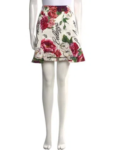 Pre-owned Dolce & Gabbana Floral Print Mini Skirt In White